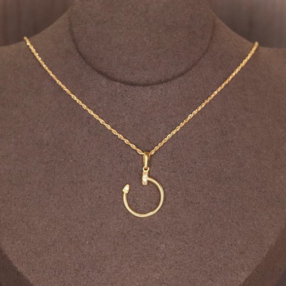 Real Gold 18K Yellow Gold Hoop Style Pendant w/ CZ Necklace Twisted Chain 1.80g